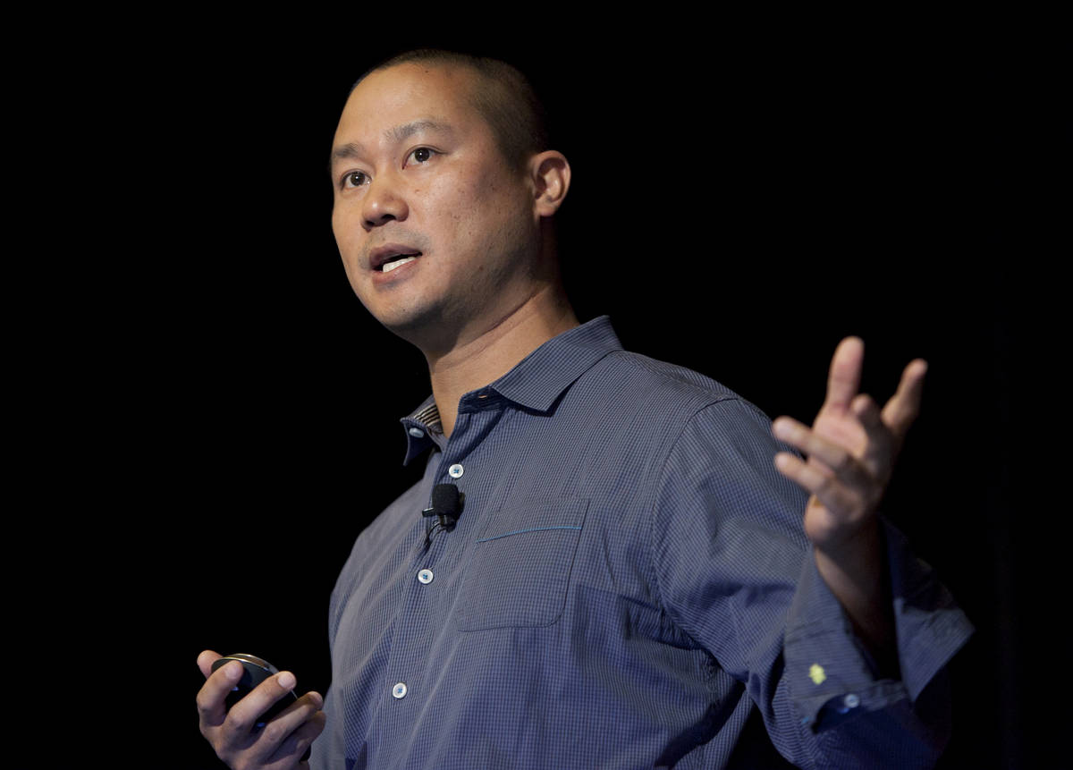 Tony Hsieh speaks during a Grand Rapids Economic Club luncheon in Grand Rapids, Mich., in 2013. ...