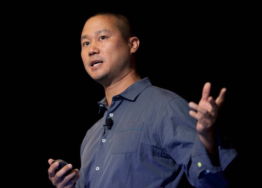 Tony Hsieh speaks during a Grand Rapids Economic Club luncheon in Grand Rapids, Mich., in 2013. ...