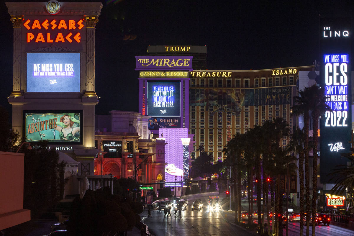 Marquees at Caesars Palace, The Mirage and The LINQ memorialize CES, which would have started o ...