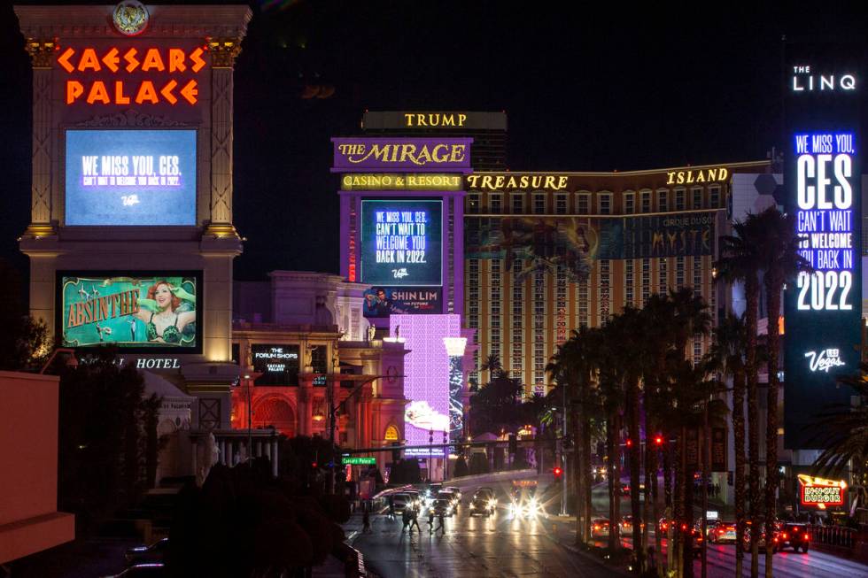 Marquees at Caesars Palace, The Mirage and The LINQ memorialize CES, which would have started o ...