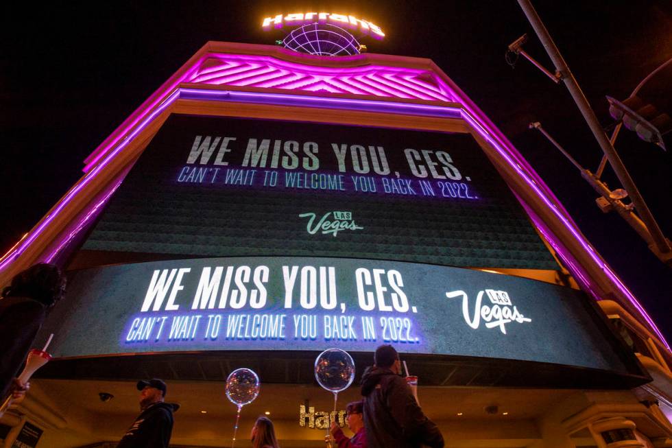 The marquee at Harrah's memorializes CES, which would have started on Monday but is moved onlin ...