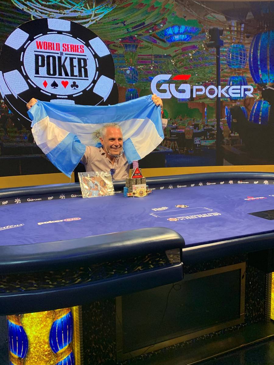 Damian Salas celebrates after winning the international portion of the World Series of Poker Ma ...