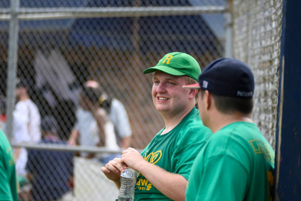 Taylor Duncan speaks with a teammate during an Alternative Baseball Organization game. Duncan p ...