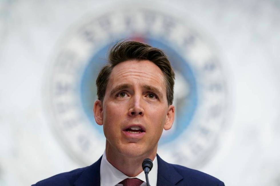 FILE - In this Oct. 12, 2020, file photo Sen. Josh Hawley, R-Mo., speaks during a confirmation ...