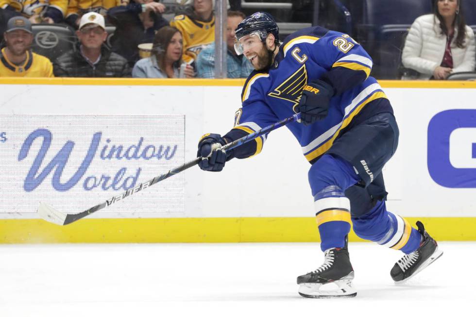 FILE - In this Feb. 16, 2020, file photo, St. Louis Blues defenseman Alex Pietrangelo plays aga ...