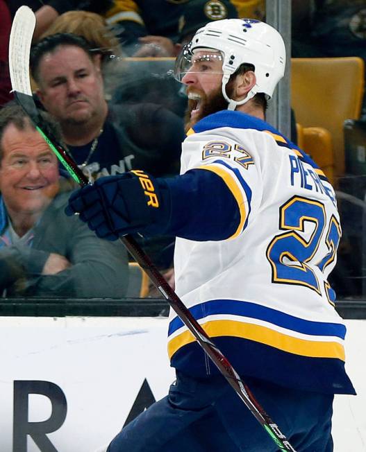 St. Louis Blues' Alex Pietrangelo celebrates his goal against the Boston Bruins during the firs ...