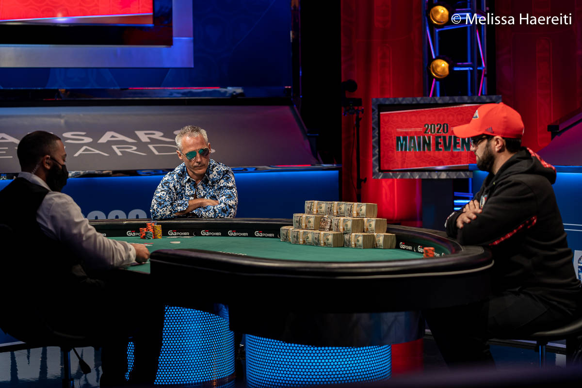 Damian Salas, left, and Joseph Hebert play for the World Series of Poker Main Event title Sunda ...