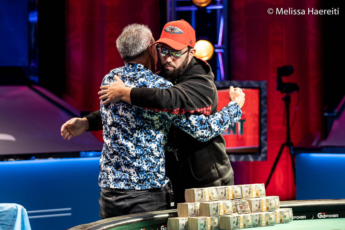 Damian Salas, left, and Joseph Hebert embrace after Salas won the World Series of Poker Main Ev ...