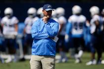Los Angeles Chargers defensive coordinator Gus Bradley watches during practice at the NFL footb ...