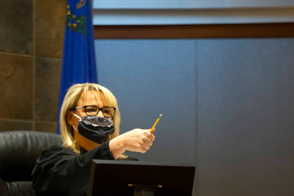 Judge Amy Chelini presides over a court hearing at the Regional Justice Center on Tuesday, Jan. ...