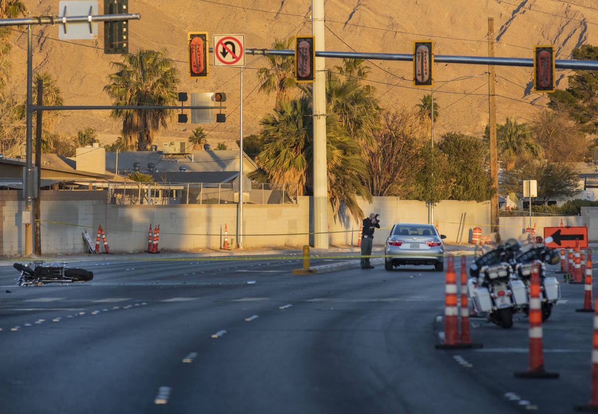Las Vegas police investigate a fatal crash on East Sahara Avenue and Winterwood Boulevard, near ...