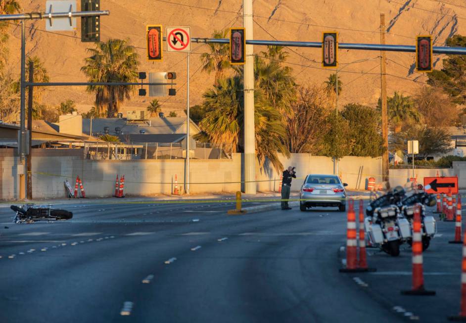 Las Vegas police investigate a fatal crash on East Sahara Avenue and Winterwood Boulevard, near ...