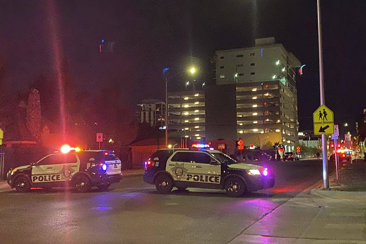 Las Vegas police have the intersection of Clark and 7th streets blocked off as officers investi ...