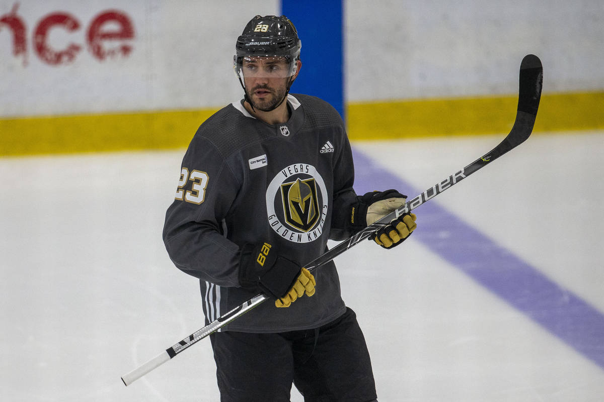 Golden Knights defenseman Alec Martinez (23) looks on during training camp on Wednesday, Jan. 6 ...