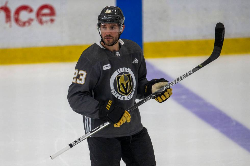 Golden Knights defenseman Alec Martinez (23) looks on during training camp on Wednesday, Jan. 6 ...