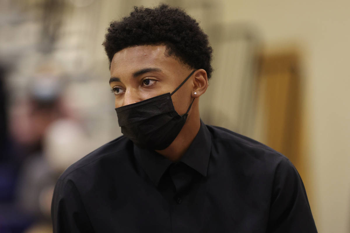 UNLV basketball commit Zaon Collins participates during a Signing Day ceremony at Bishop Gorman ...