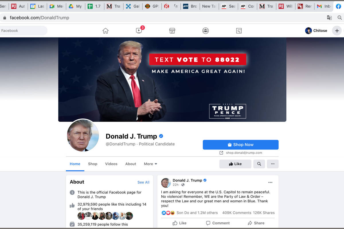 President Donald Trump's Facebook site is seen, Thursday, Jan.7, 2020. Facebook said it would b ...