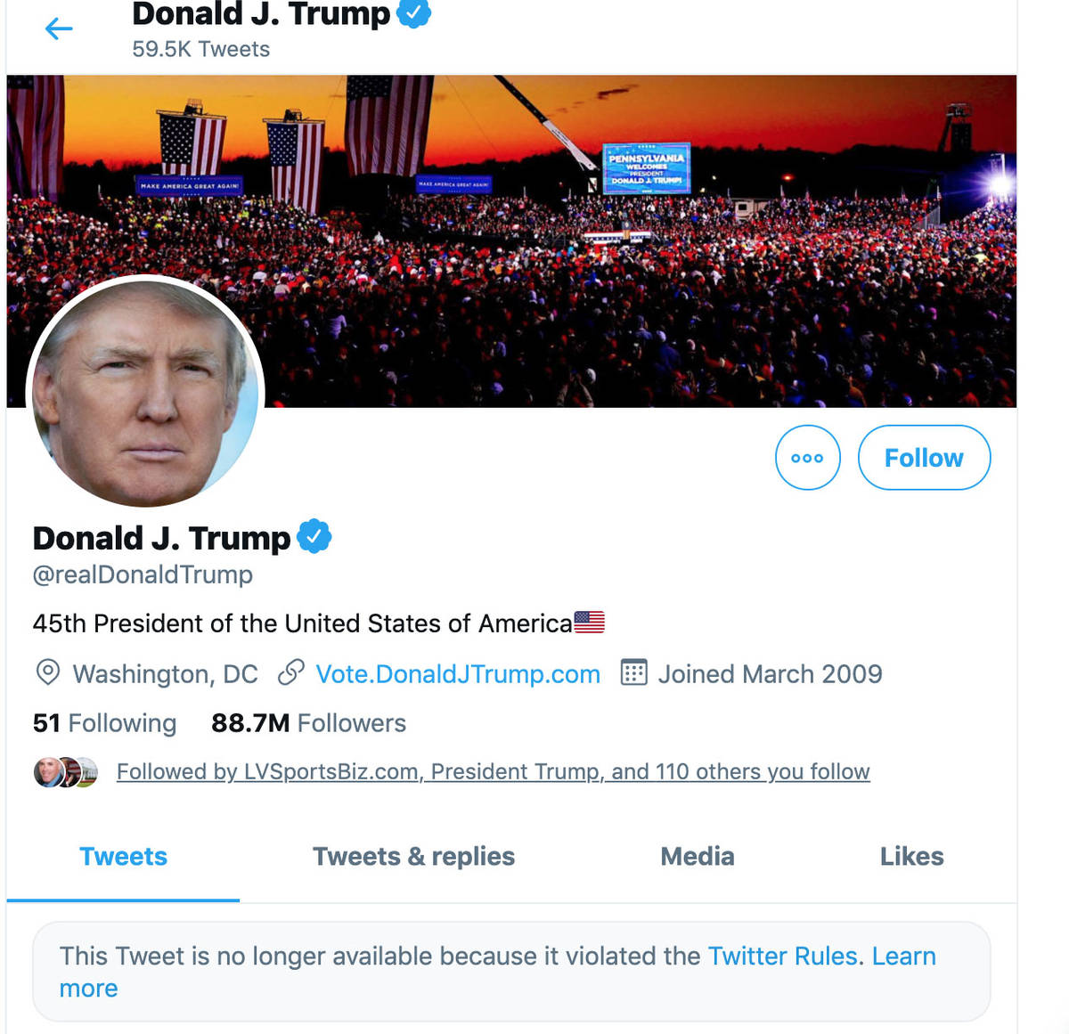 President Donald Trump's Twitter site is seen, Thursday, Jan.7, 2020. Twitter had suspended Tru ...