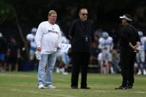 Oakland Raiders owner Mark Davis attends practice with Oakland Raiders play-by-play radio broad ...