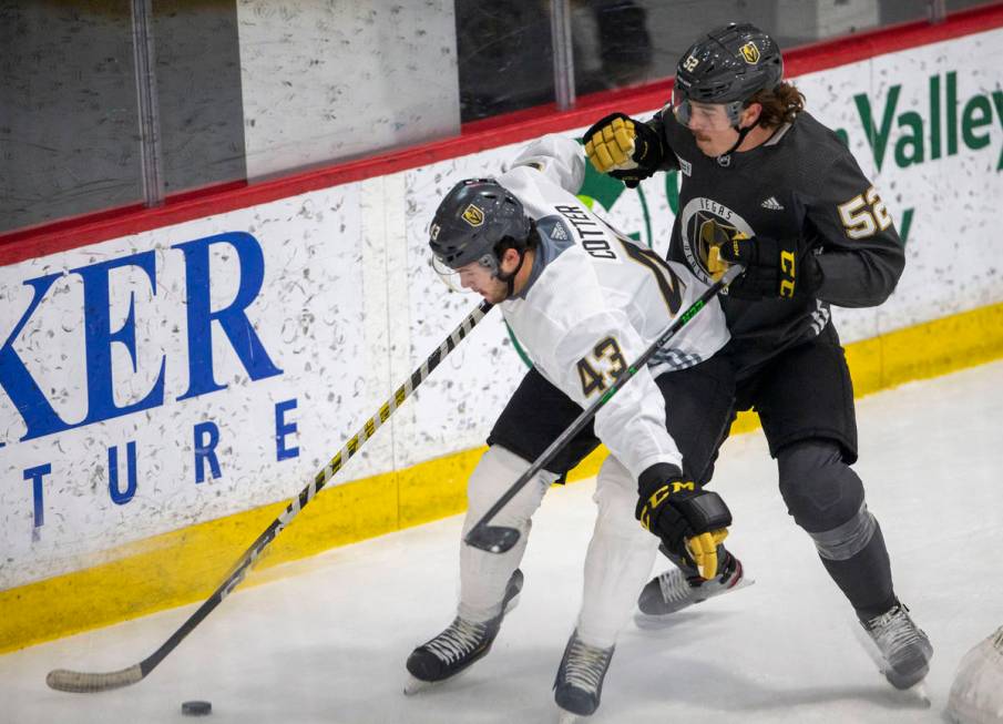 Golden Knights defenseman Dylan Coghlan (52) pursues Golden Knights forward Paul Cotter (43) as ...