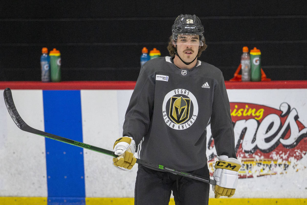 Golden Knights defenseman Dylan Coghlan (52) during practice on Thursday, Jan. 7, 2021, at City ...