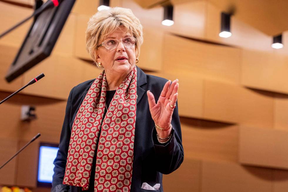 Las Vegas Mayor Carolyn Goodman delivers a public statement during a public meeting at the Las ...