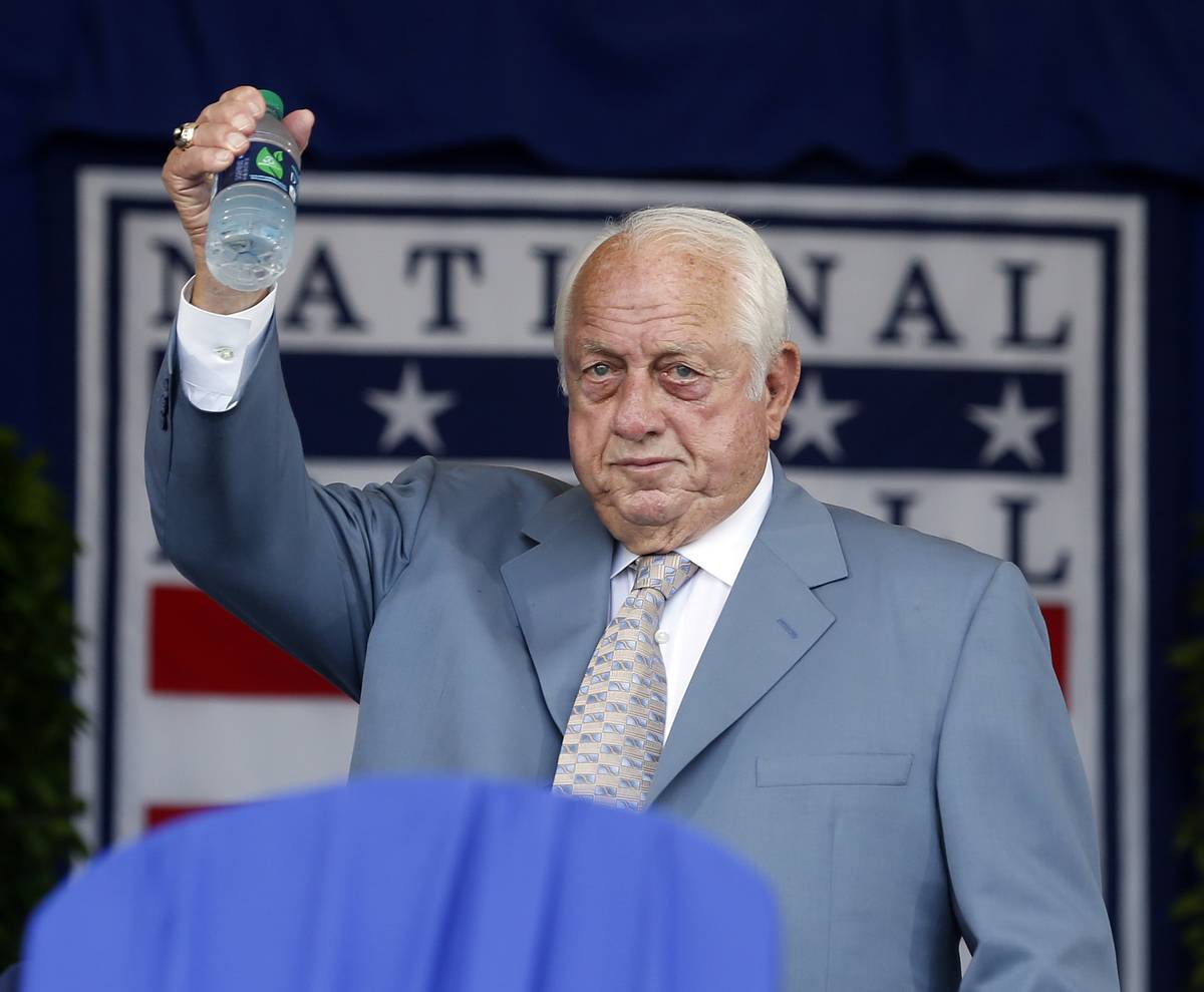 National Baseball Hall of Famer Tommy Lasorda arrives for an induction ceremony at the Clark Sp ...