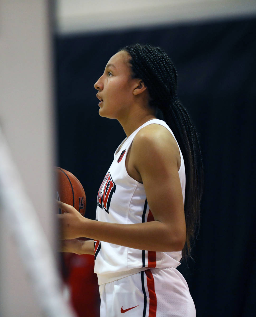 UNLV Lady Rebels guard Jade Thomas (5) is seen warming up for the second half against Colorado ...