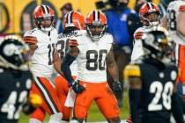 Cleveland Browns wide receiver Jarvis Landry (80) celebrates after scoring on a 40-yard pass pl ...