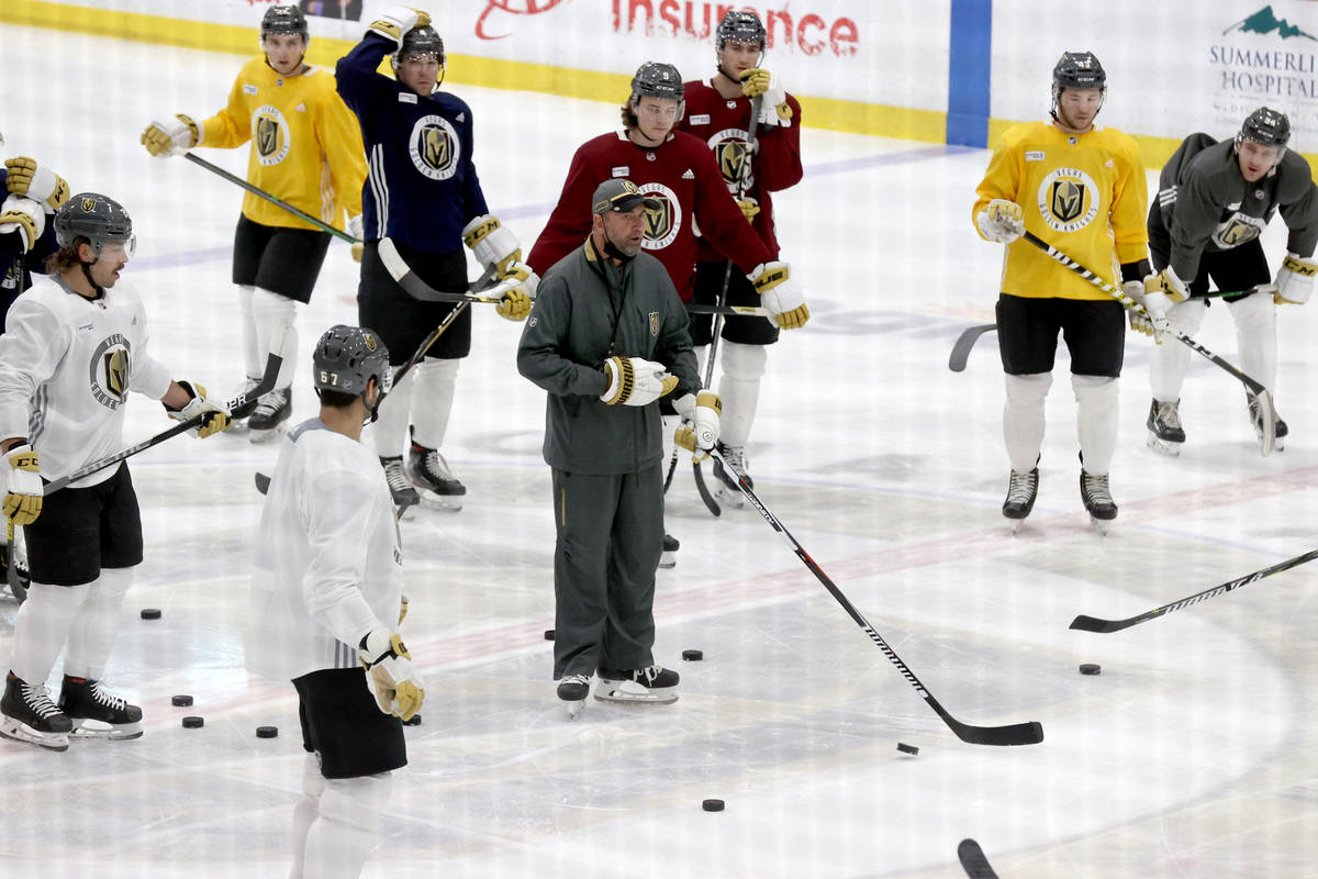 Coach Pete DeBoer during training camp at City National Arena in Las Vegas Tuesday, Jan. 5, 202 ...