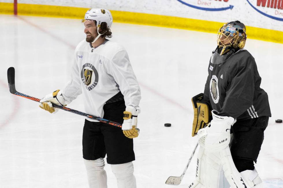 Golden Knights forward Mark Stone (61) and Golden Knights goaltender Marc-Andre Fleury (29) wor ...