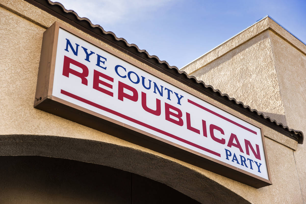 Signage outside the Nye County Republican Central Committee office on Monday, Jan. 11, 2021, in ...