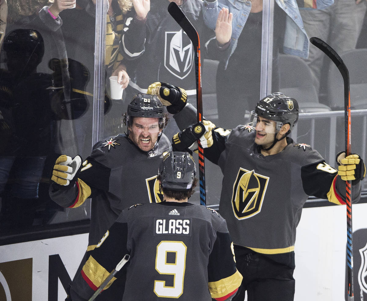 Vegas Golden Knights right wing Mark Stone (61) celebrates his third period goal with Vegas Gol ...