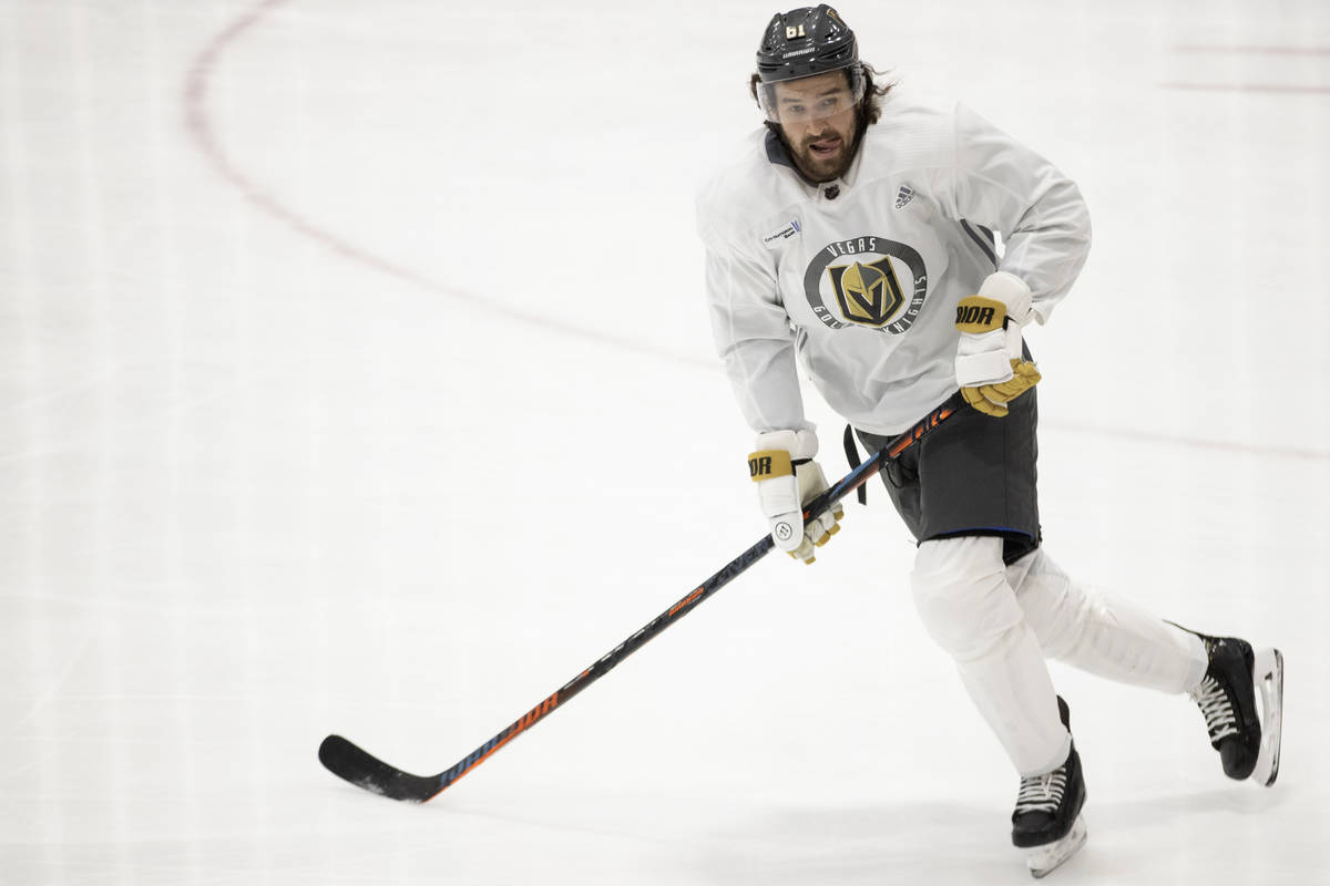 Vegas Golden Knights right wing Mark Stone (61) skates during a team practice at City National ...