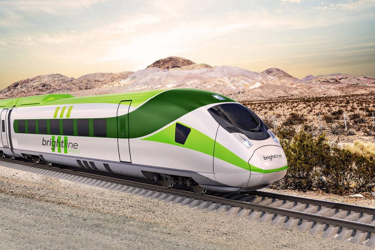 A drawing of a Brightline West train on Interstate 15 between Las Vegas and Los Angeles. (Brigh ...
