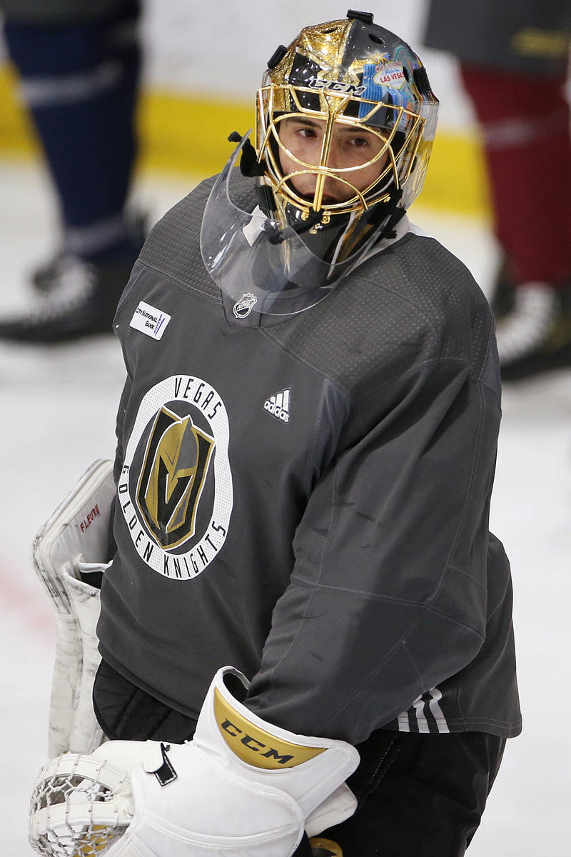 Vegas Golden Knights goaltender Marc-Andre Fleury (29) looks on during a team practice at City ...