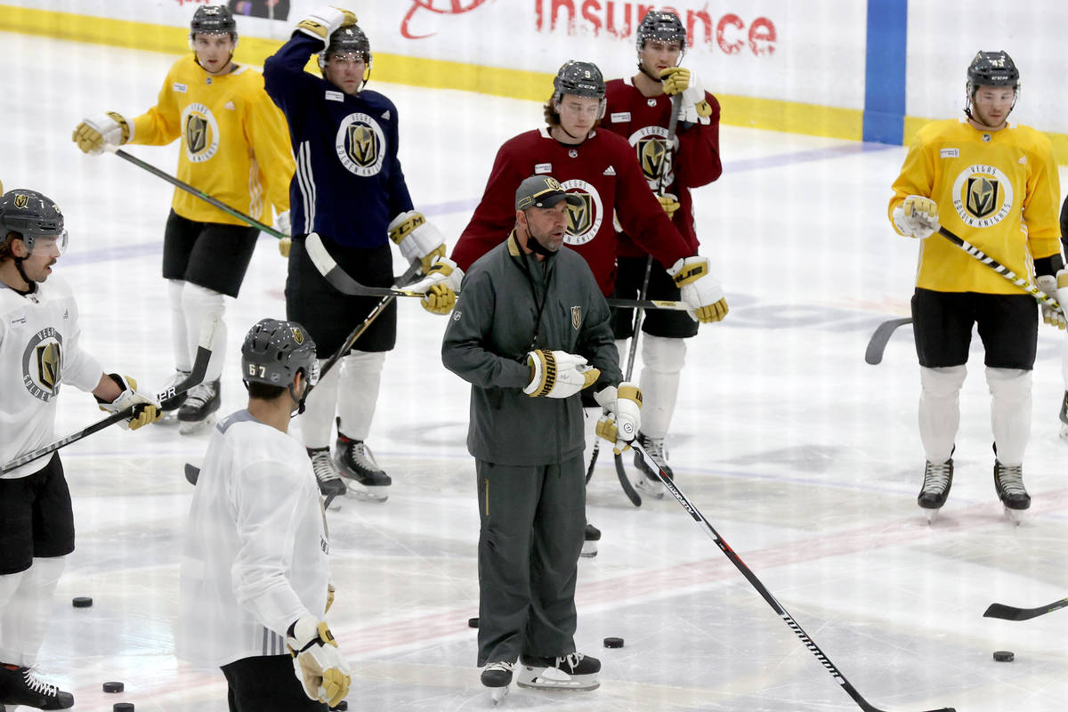 Coach Pete DeBoer during training camp at City National Arena in Las Vegas Tuesday, Jan. 5, 202 ...