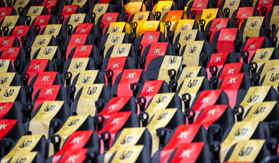 Seats are covered in banners as the Golden Knights battle the Anaheim Ducks during the second p ...