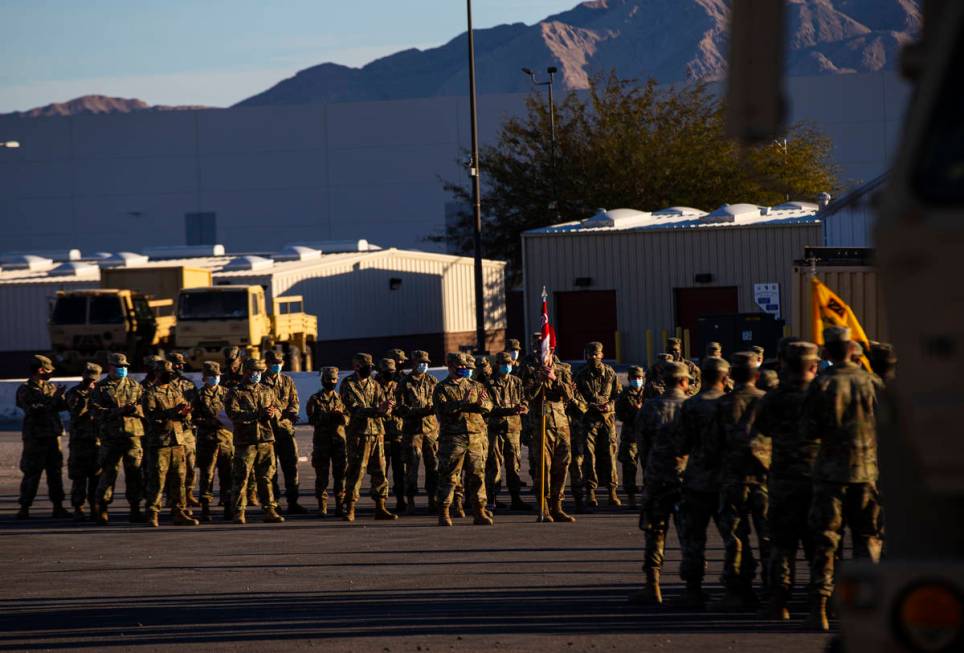 Members of the Nevada Army Guard listen to Maj. Gen. Ondra Berry, not pictured, on Thursday, Ja ...
