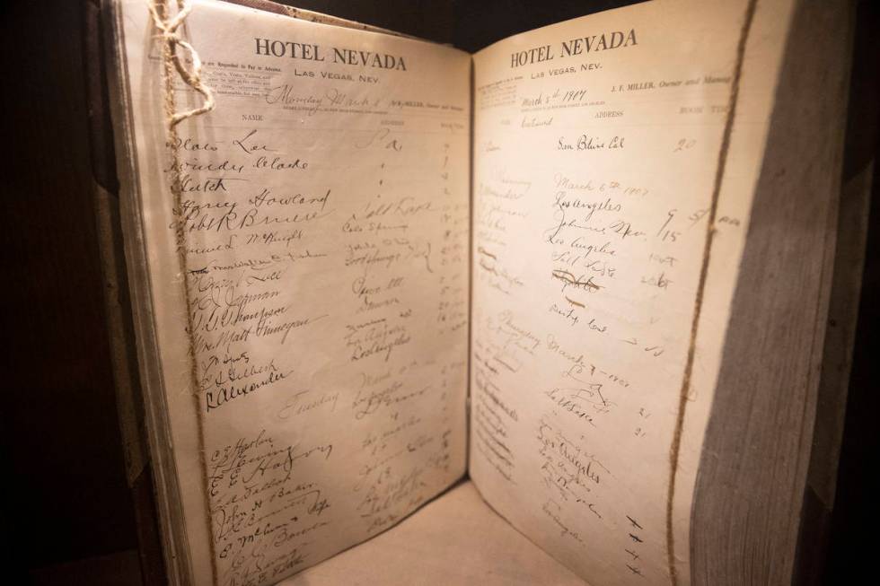 A hotel ledger from 1907 is displayed at Golden Gate hotel-casino in Las Vegas, on Friday, Jan. ...