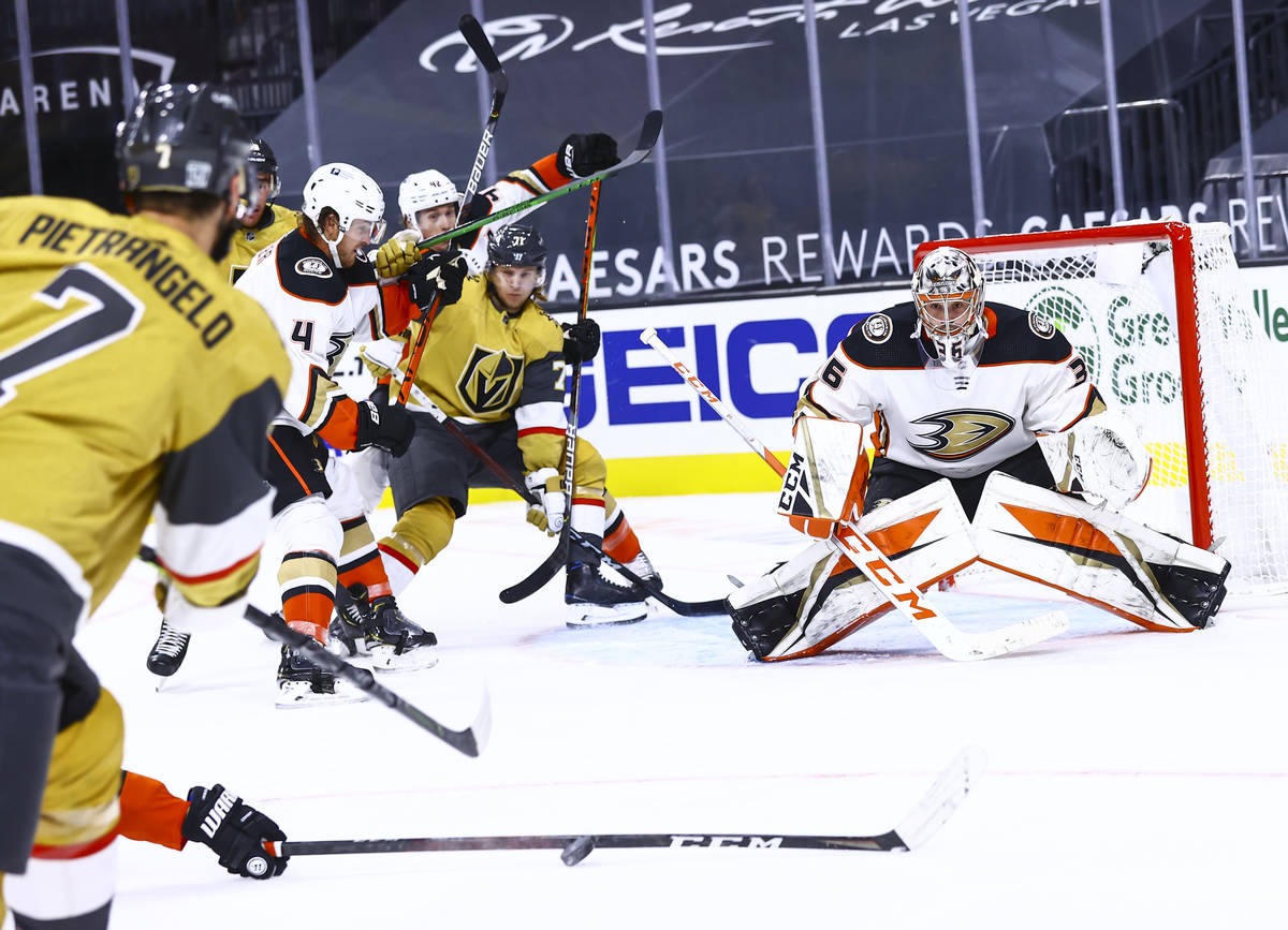 Anaheim Ducks center Rickard Rakell, not pictured, blocks the puck in front of Golden Knights d ...