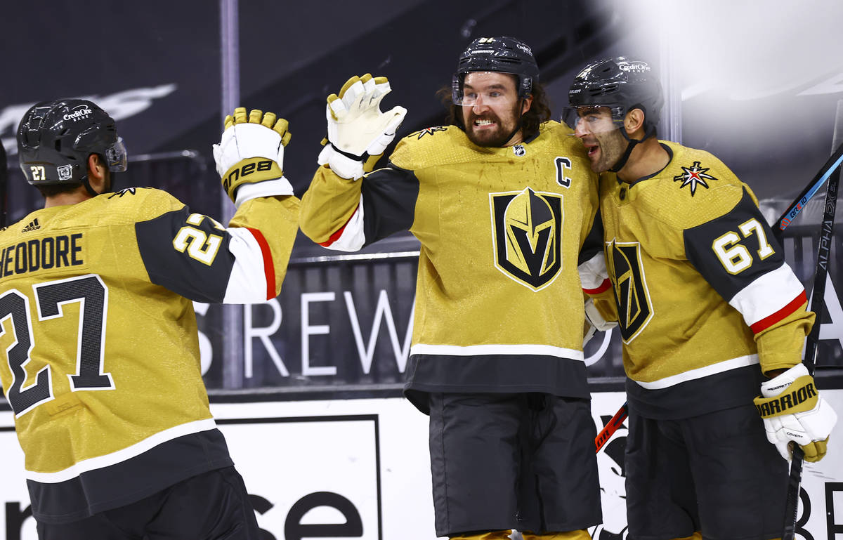 Golden Knights left wing Max Pacioretty (67) celebrates his overtime goal against the Anaheim D ...