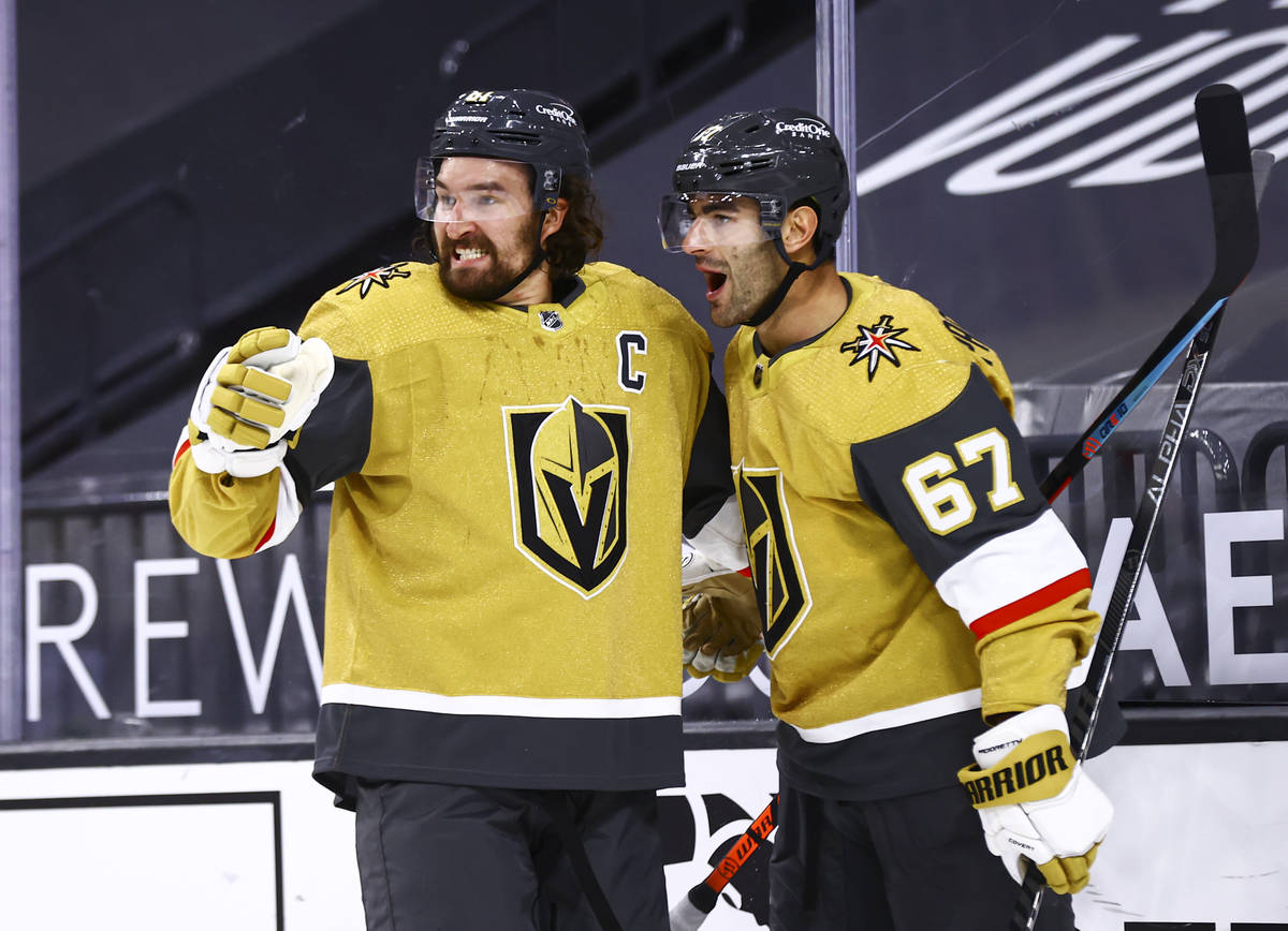 Golden Knights left wing Max Pacioretty (67) celebrates his overtime goal against the Anaheim D ...