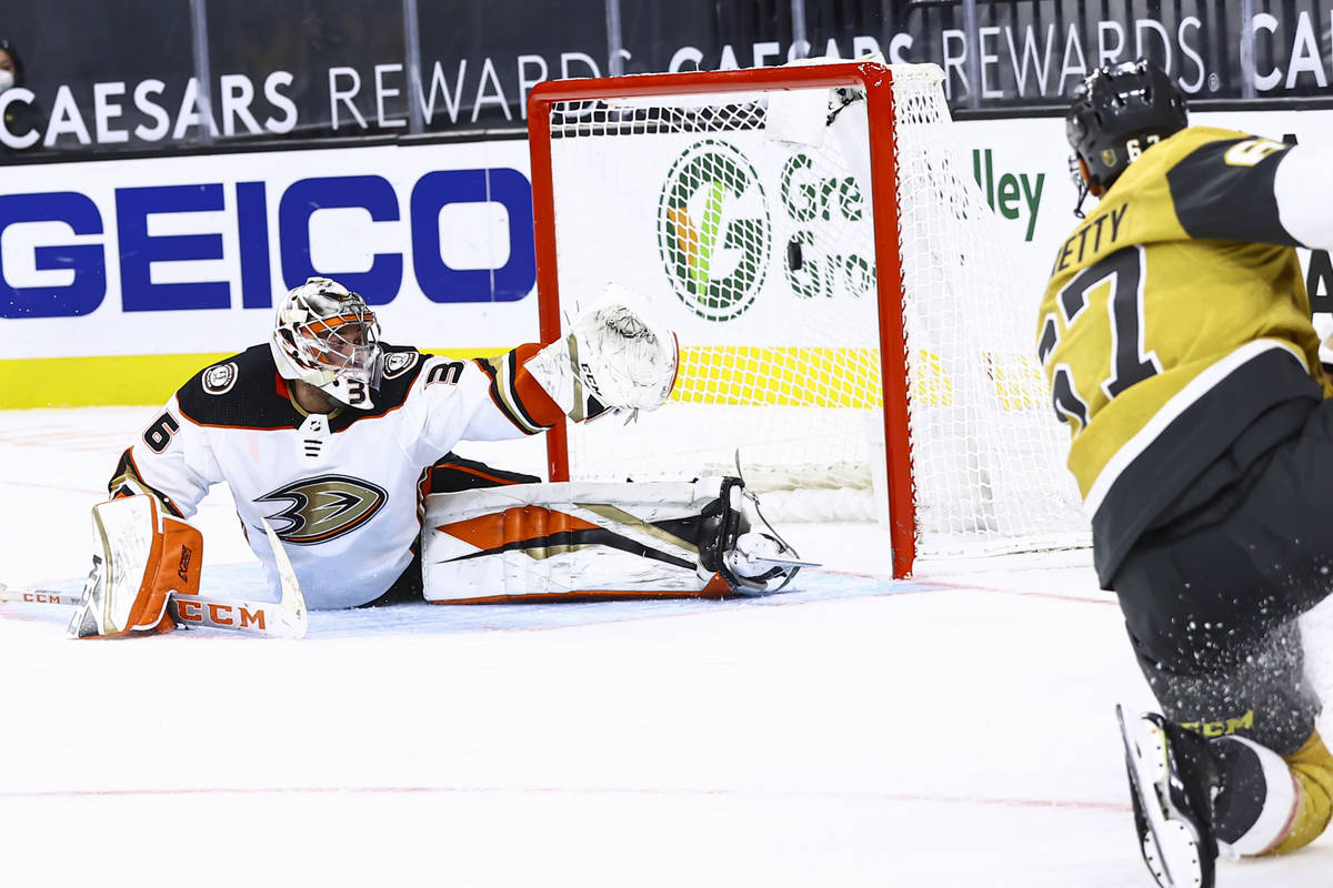 Golden Knights left wing Max Pacioretty (67) scores past Anaheim Ducks goaltender John Gibson ( ...