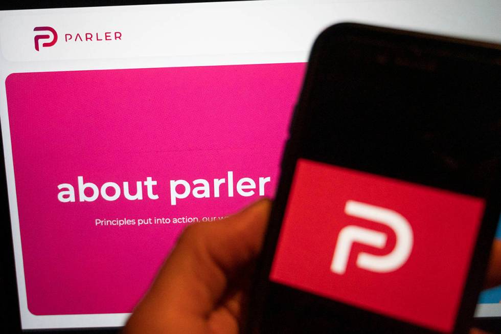 The logo of the social media platform Parler is displayed in Berlin, Jan. 10, 2021. (Christophe ...