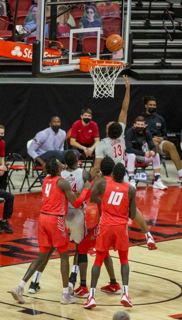 UNLV Rebels guard Bryce Hamilton (13) makes a basket during the first half of an NCAA men's bas ...