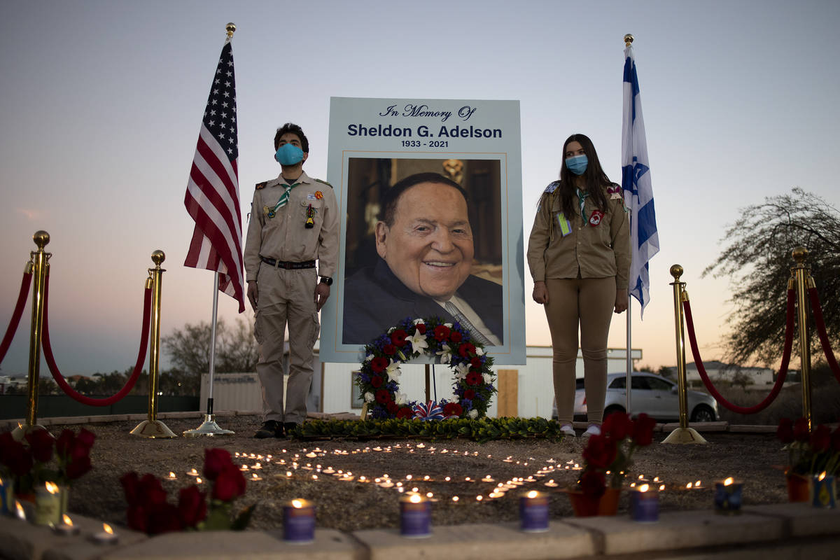 A memorial for Sheldon Adelson is set up outside the Israeli-American Council clubhouse for mem ...