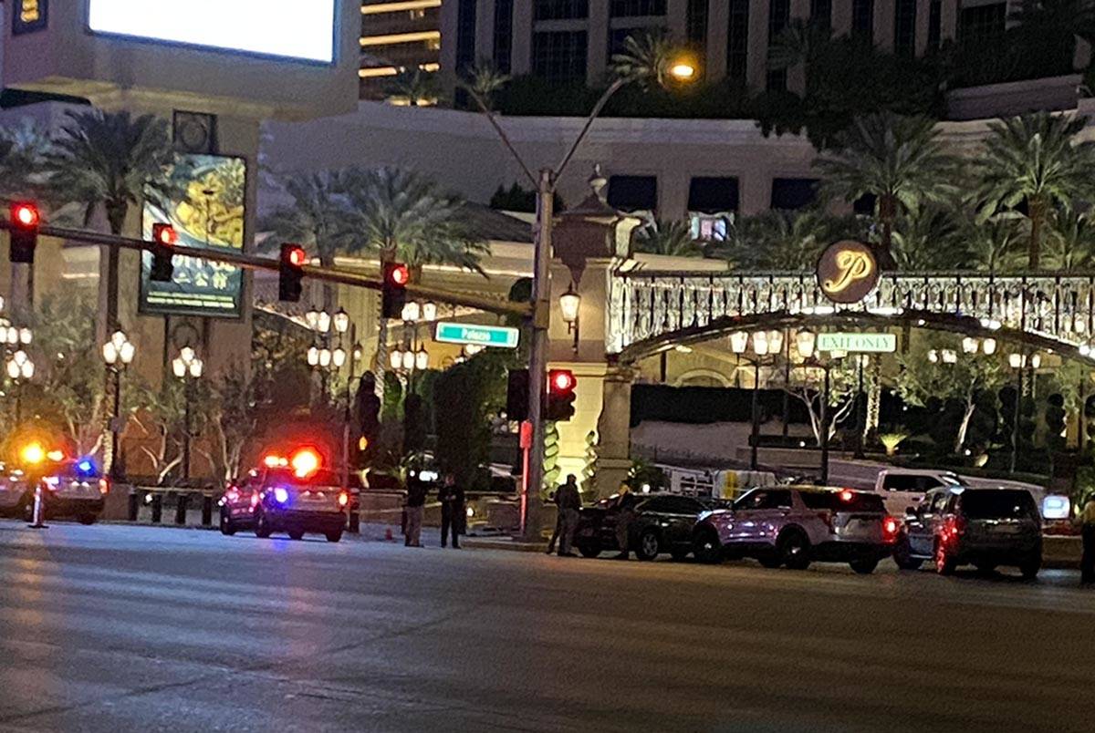 Las Vegas police vehicles on the Strip early Monday, Jan. 18, 2021, as officers investigate a s ...