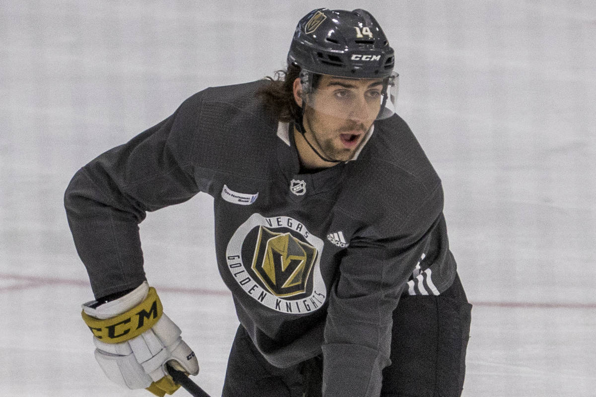 Vegas Golden Knights defenseman Nic Hague handles the puck during practice at City National Are ...