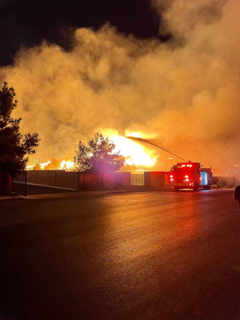Fire crews battle a large fire in southwest Las Vegas early Tuesday, Jan. 19, 2021. (Dillon Nie ...
